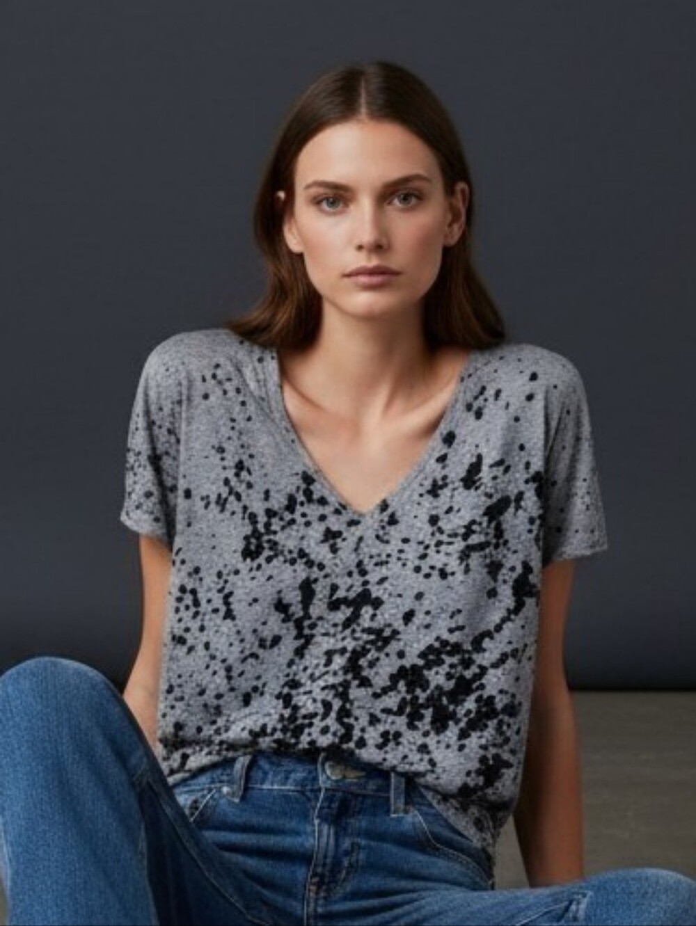ENZA COSTA Deep V-NECK Splatter Burnout T-Shirt Tee T Medium